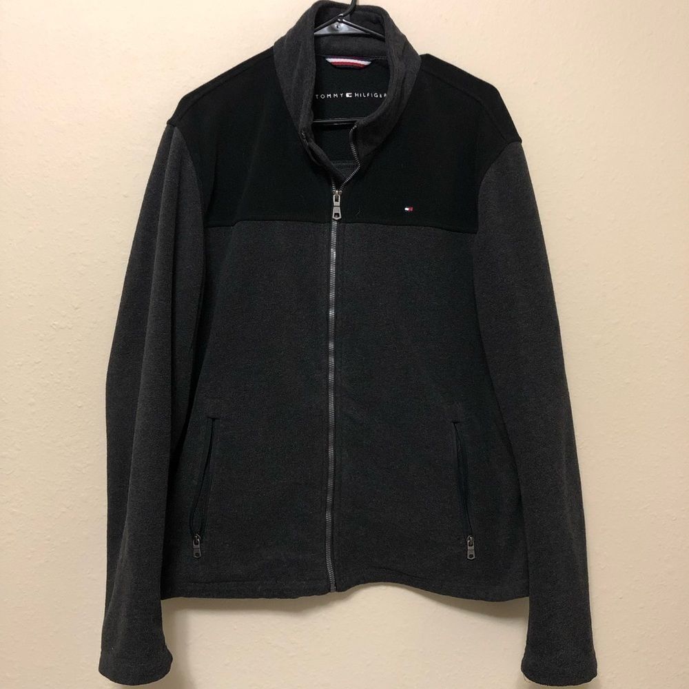 Tommy Hilfiger Black Grey Color Block Full-Zip Fleece Jacket Men's Size Large
